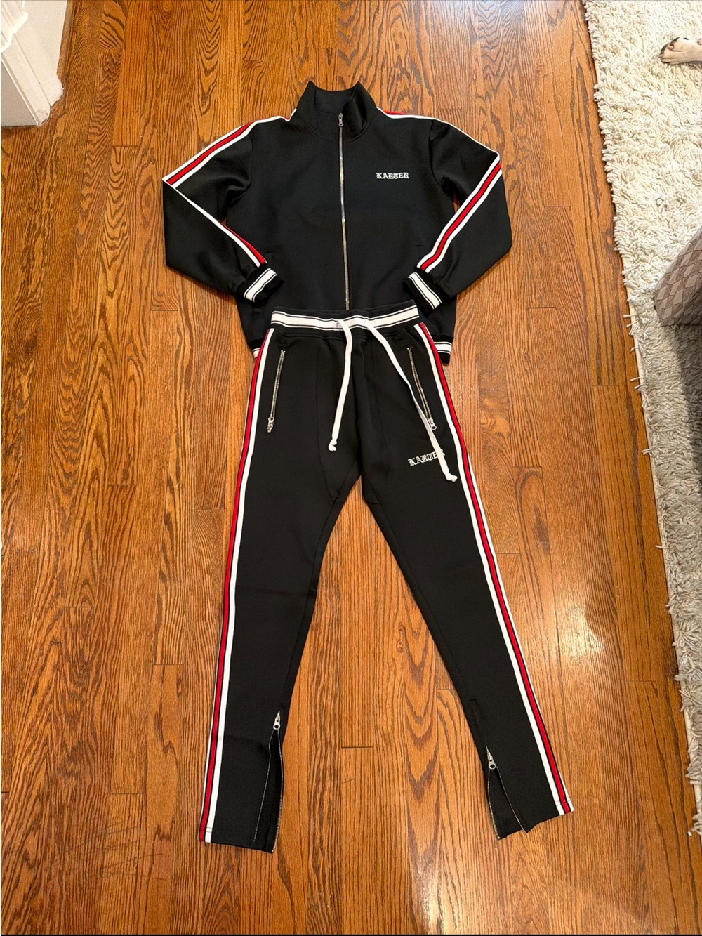 Black Jogger Pants with Red & White Side Stripes